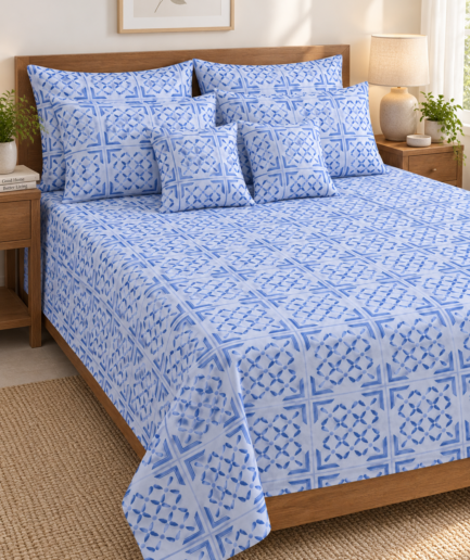 White and Blue Printed Bedsheet Set - 7 Piece