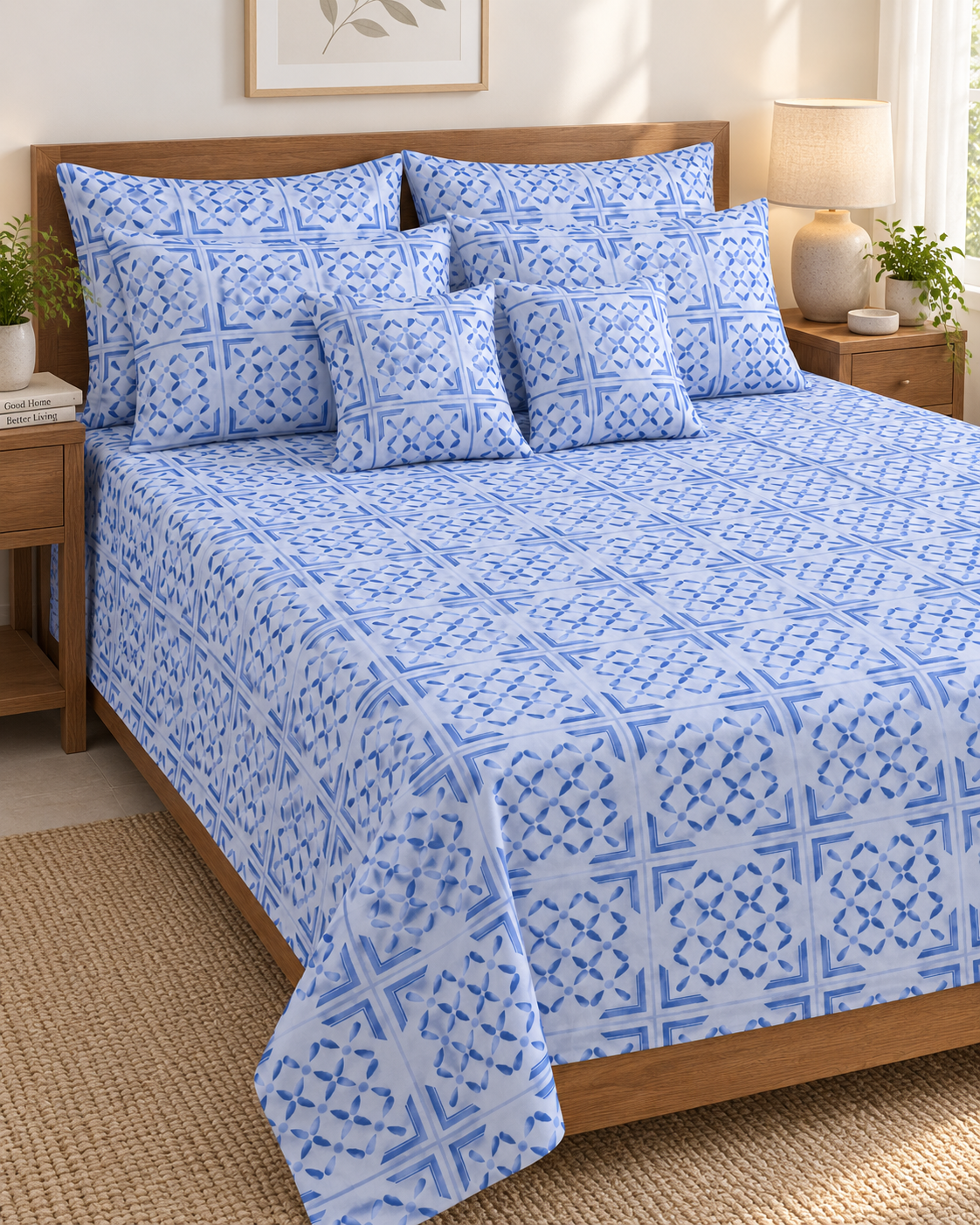 White and Blue Printed Bedsheet Set - 7 Piece