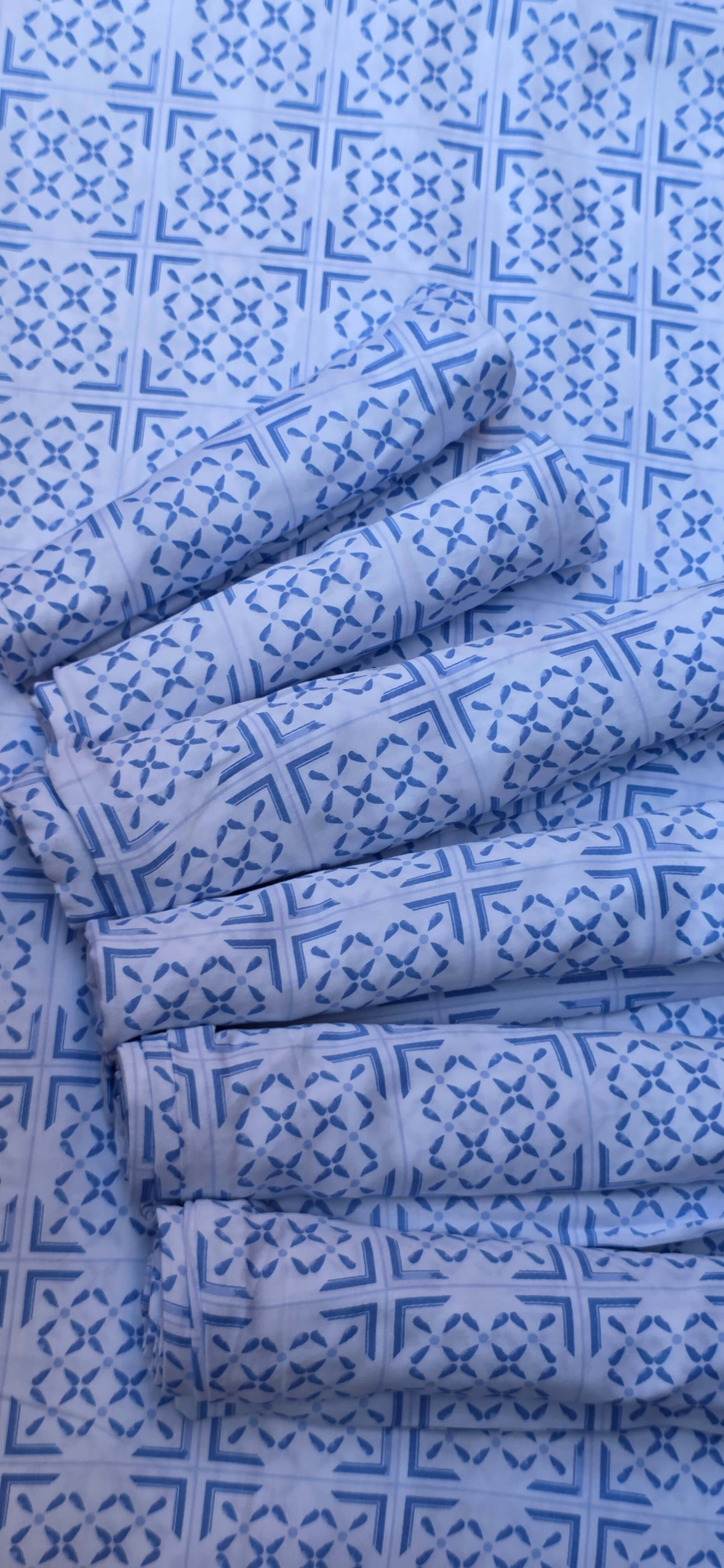 White and Blue Printed Bedsheet Set - 7 Piece
